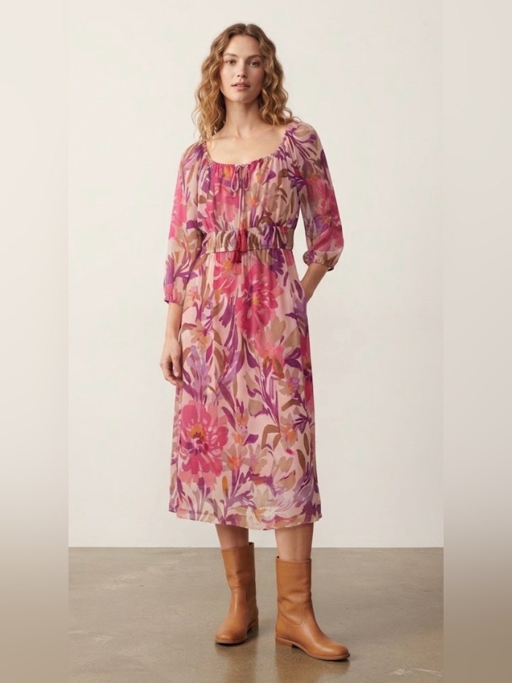 Kathy Ireland retro dress-gathered, tie-front neckline magenta pink floral lined